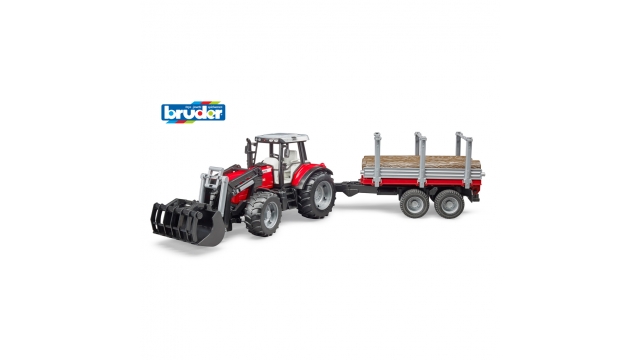 Bruder 02046 Massey Ferguson 7480 Tractor + Voorlader + Houttransportaanhanger + 3 Boomstammen