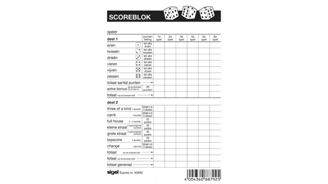 Expres Scoreblok Sigel voor Yahtzee