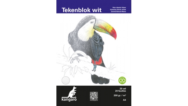 Kangaro K-5330 Tekenblok A4 200 Gr 20 Vel Wit Fijne Korrel Kopgelijmd