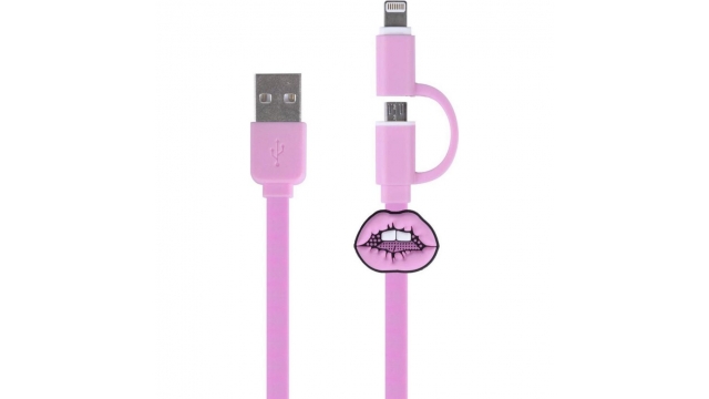 Kangaro K-58191006 Dresz 2in1 Micro-USB Laadkabel + Pin Lippen Roze